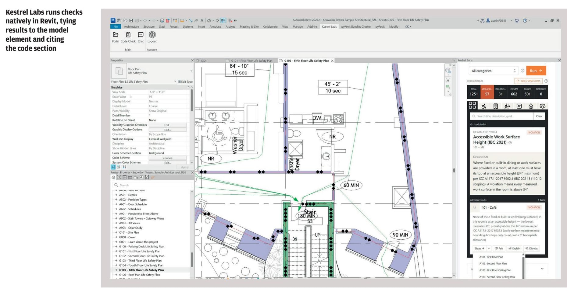 Page 50 of AEC Magazine, September/October 2026: Kestrel Labs running a compliance check inside Autodesk Revit on a fifth-floor life safety plan, with the magazine caption: Kestrel Labs runs checks natively in Revit, tying results to the model element and citing the code section.