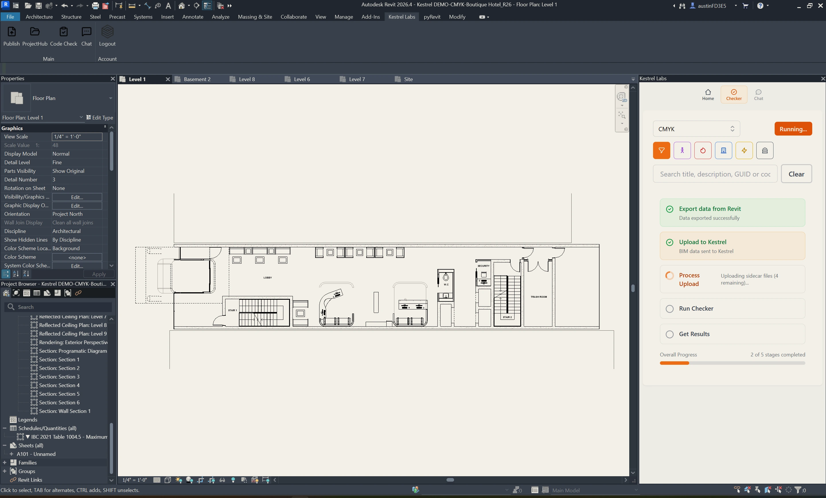Kestrel running inside Revit on a building floor plan — the BIM model on the left, and the Kestrel Compliance Analysis sidebar on the right listing live building code violations against the model.
