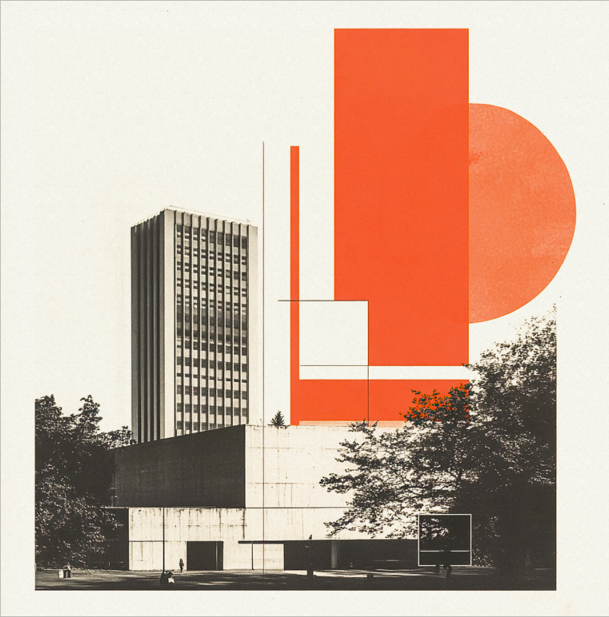 A modernist tower with overlaid orange geometry — illustration for the featured engagement.
