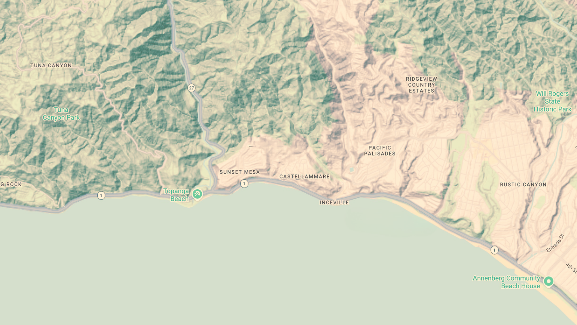 Topographic site map of Pacific Palisades, Sunset Mesa, Castellammare, and Inceville in the Santa Monica Mountains coastal interface, with the project parcel marked.