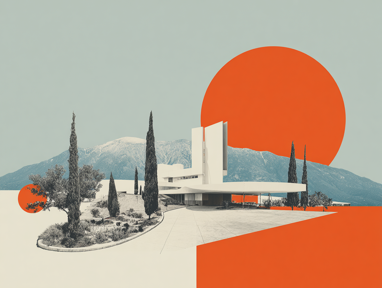 Architectural collage in flame orange and linen — a modernist white building set against a mountain range, with a large orange sun rising behind cypress trees and a smaller orange circle accenting the foreground stonework.