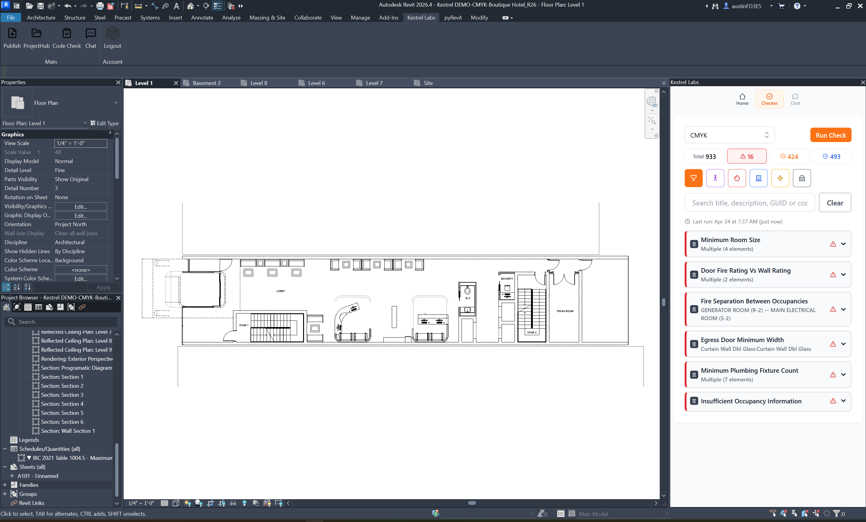 The Kestrel checker panel inside Revit showing compliance results on a floor plan.