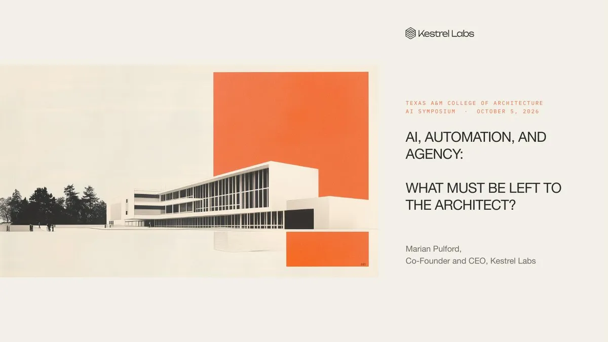 Slide 01: AI, automation, and agency: what must be left to the architect? Texas A&M College of Architecture AI Symposium, October 5, 2026