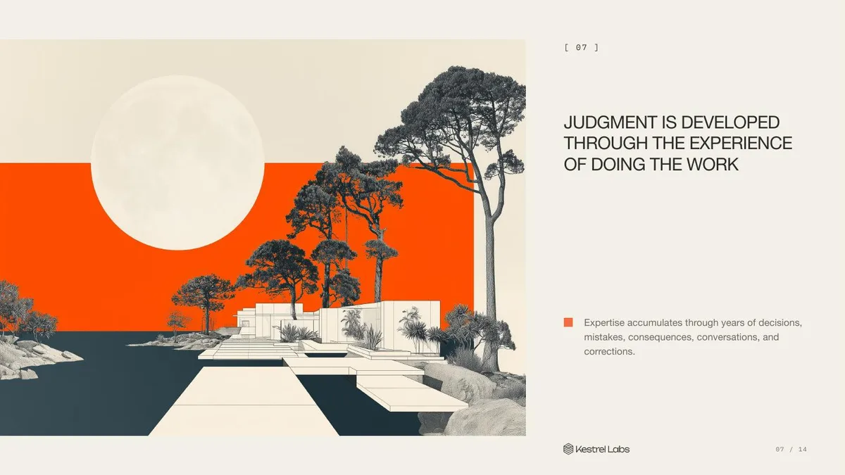 Slide 07: Judgment is developed through the experience of doing the work Expertise accumulates through years of decisions, mistakes, consequences, conversations, and corrections.
