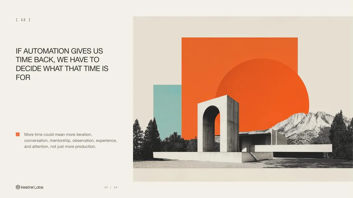 Slide 12: If automation gives us time back, we have to decide what that time is for More time could mean more iteration, conversation, mentorship, observation, experience, and attention, not just more production.