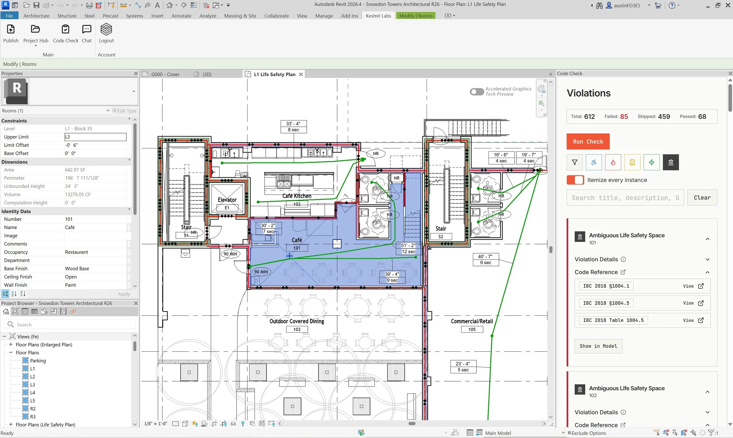 Comparison of manual code review and model-based building code compliance in design.